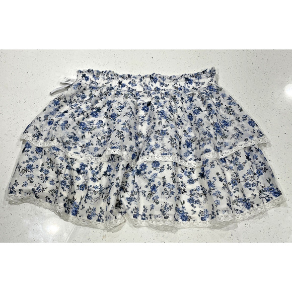 RSQ TiLLYS Tiered Blue White Floral Ruffle Mini Skirt Sz Large NWT - Picture 1 of 8